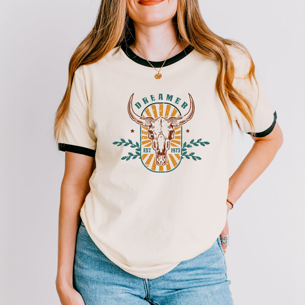 Cow Skull Dreamer - Women's Ringer Graphic T-Shirt