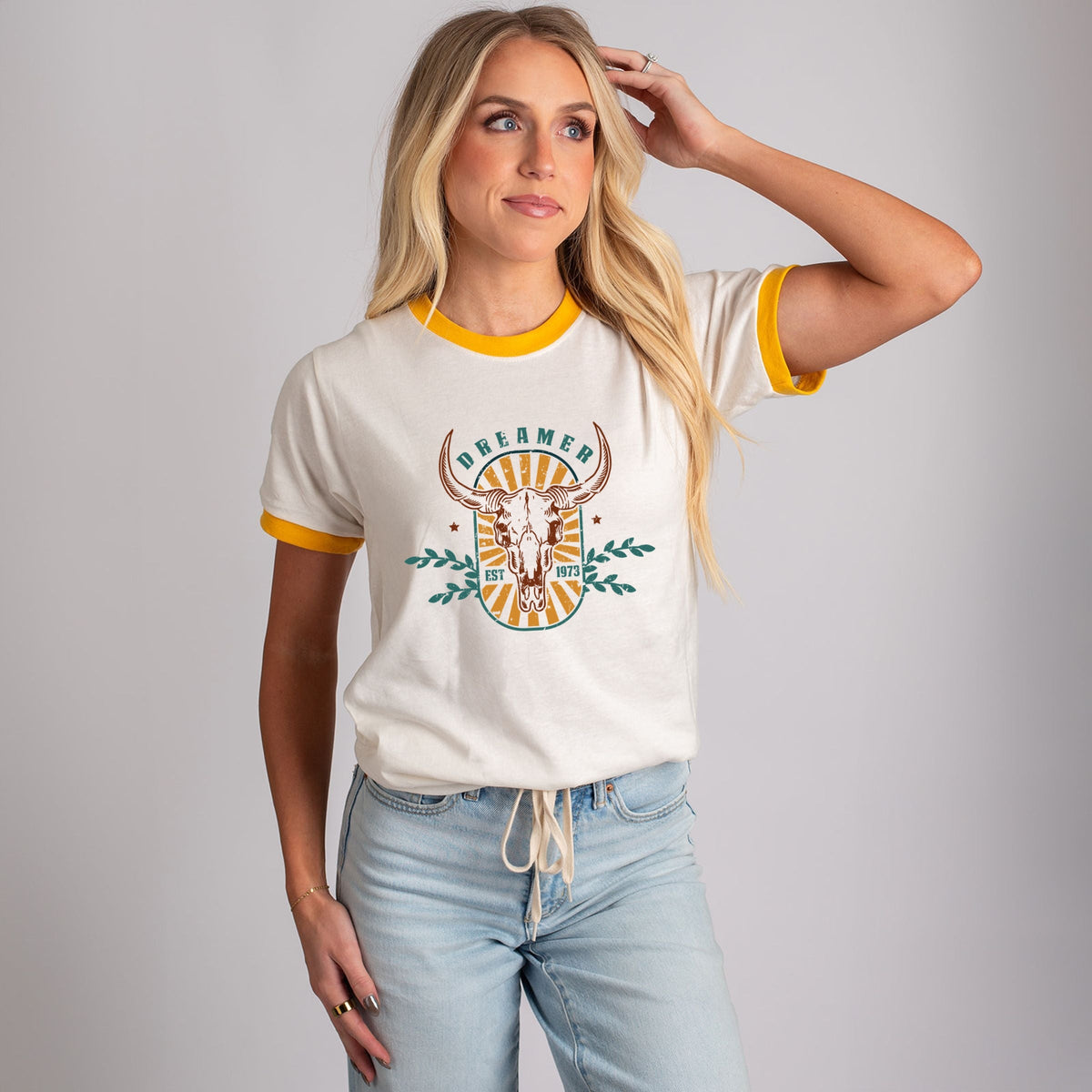 Cow Skull Dreamer - Women's Ringer Graphic T-Shirt