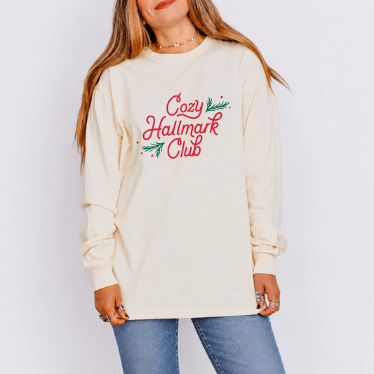 Hallmark - Cozy Hallmark Club - Women's Garment Dyed Long Sleeve Graphic T-Shirt
