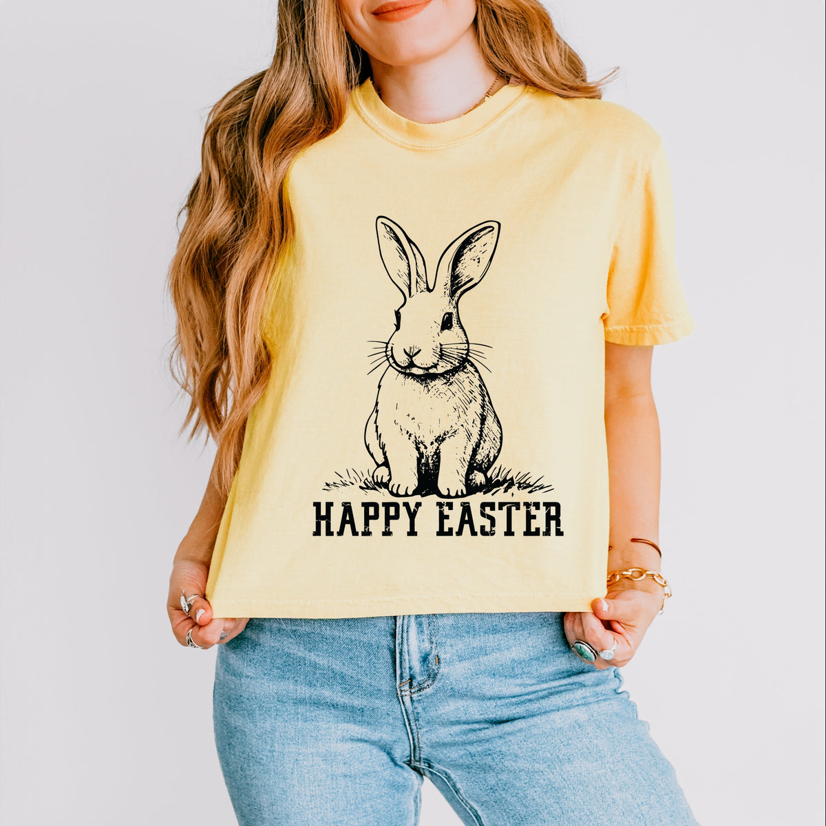 Happy Easter Bunny Outline - Women's Boxy Crop Top Graphic T-Shirt