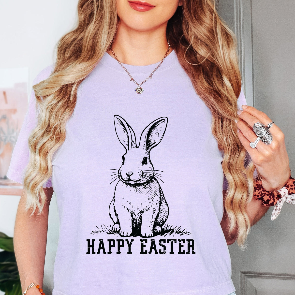 Happy Easter Bunny Outline - Women's Boxy Crop Top Graphic T-Shirt