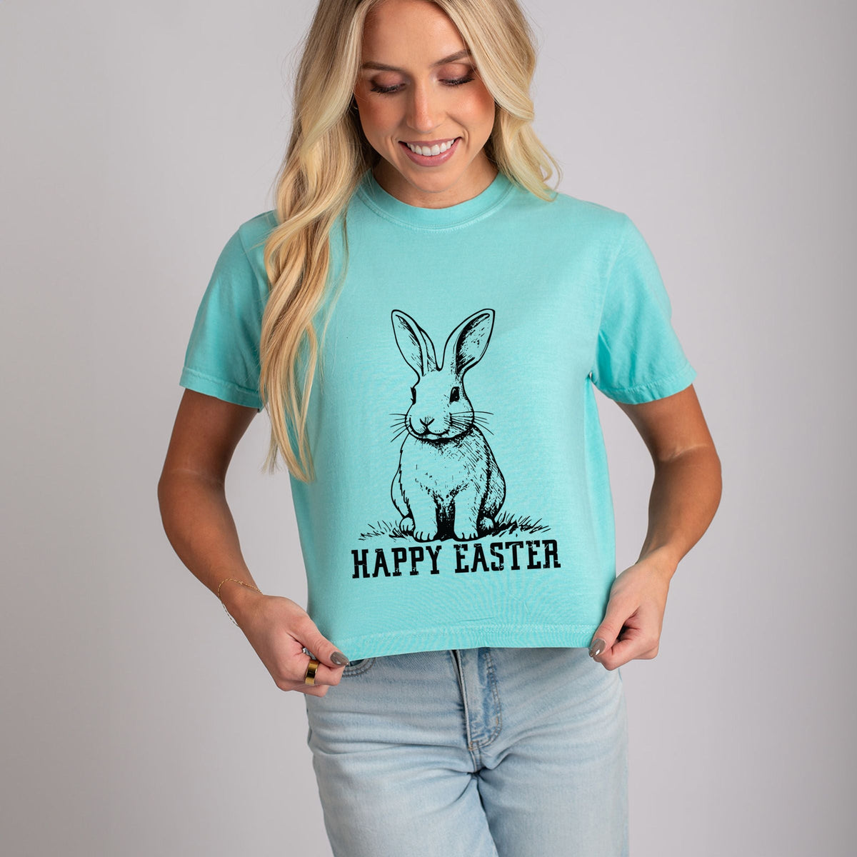Happy Easter Bunny Outline - Women's Boxy Crop Top Graphic T-Shirt