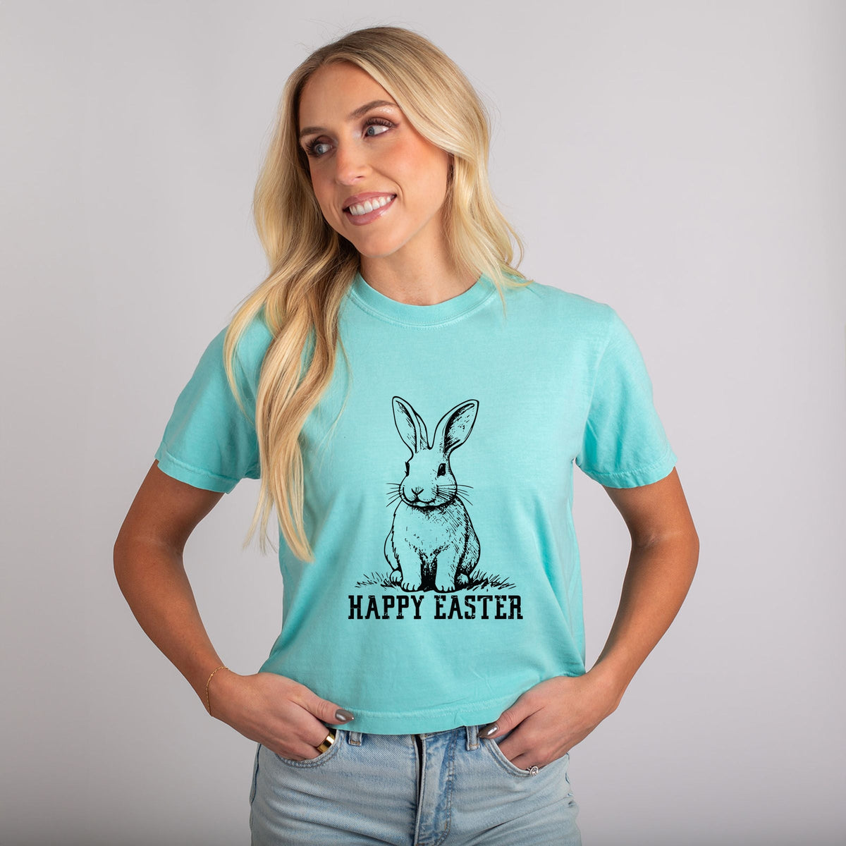 Happy Easter Bunny Outline - Women's Boxy Crop Top Graphic T-Shirt