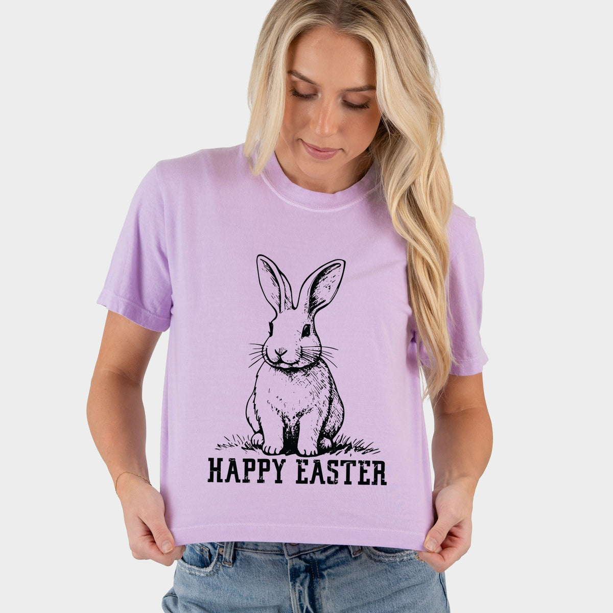 Happy Easter Bunny Outline - Women's Boxy Crop Top Graphic T-Shirt