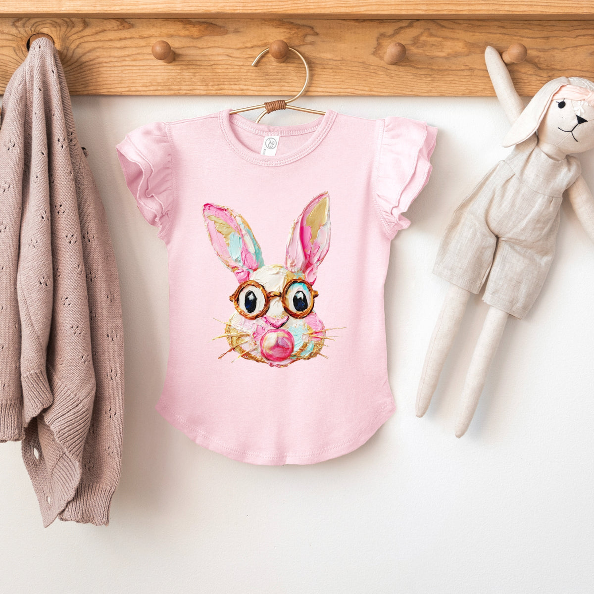 Bunny Face Textured Paint - Flutter Sleeve Graphic T-Shirt
