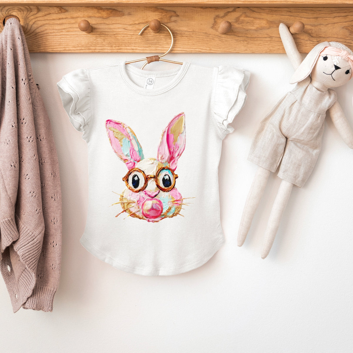 Bunny Face Textured Paint - Flutter Sleeve Graphic T-Shirt