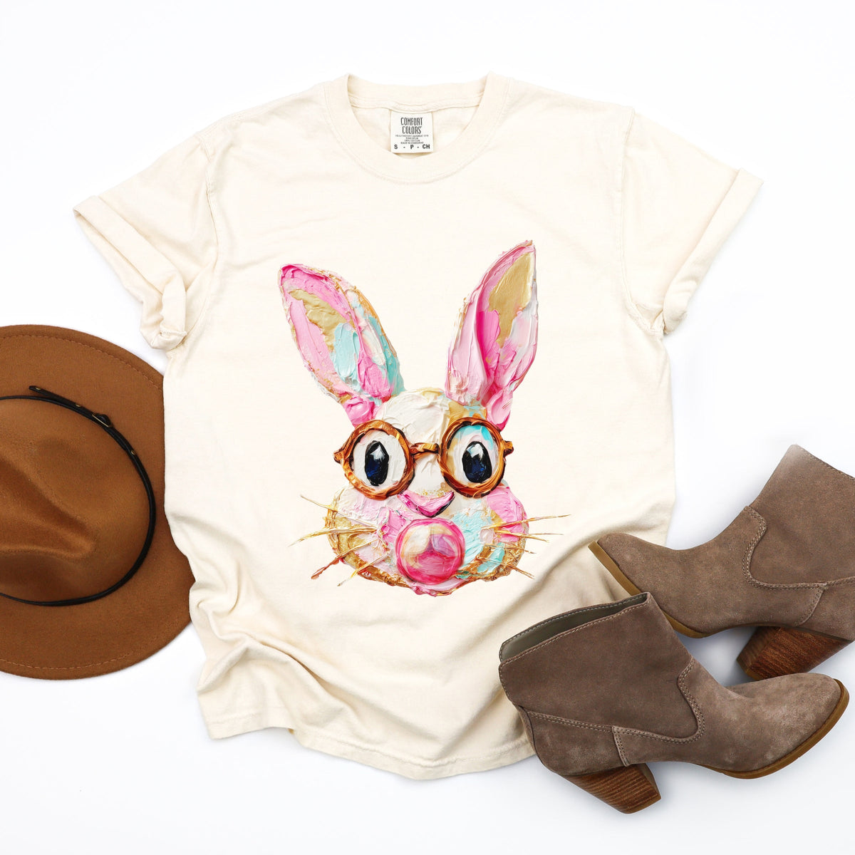 Bunny Face Textured Paint - Women's Garment Dyed Graphic T-Shirt