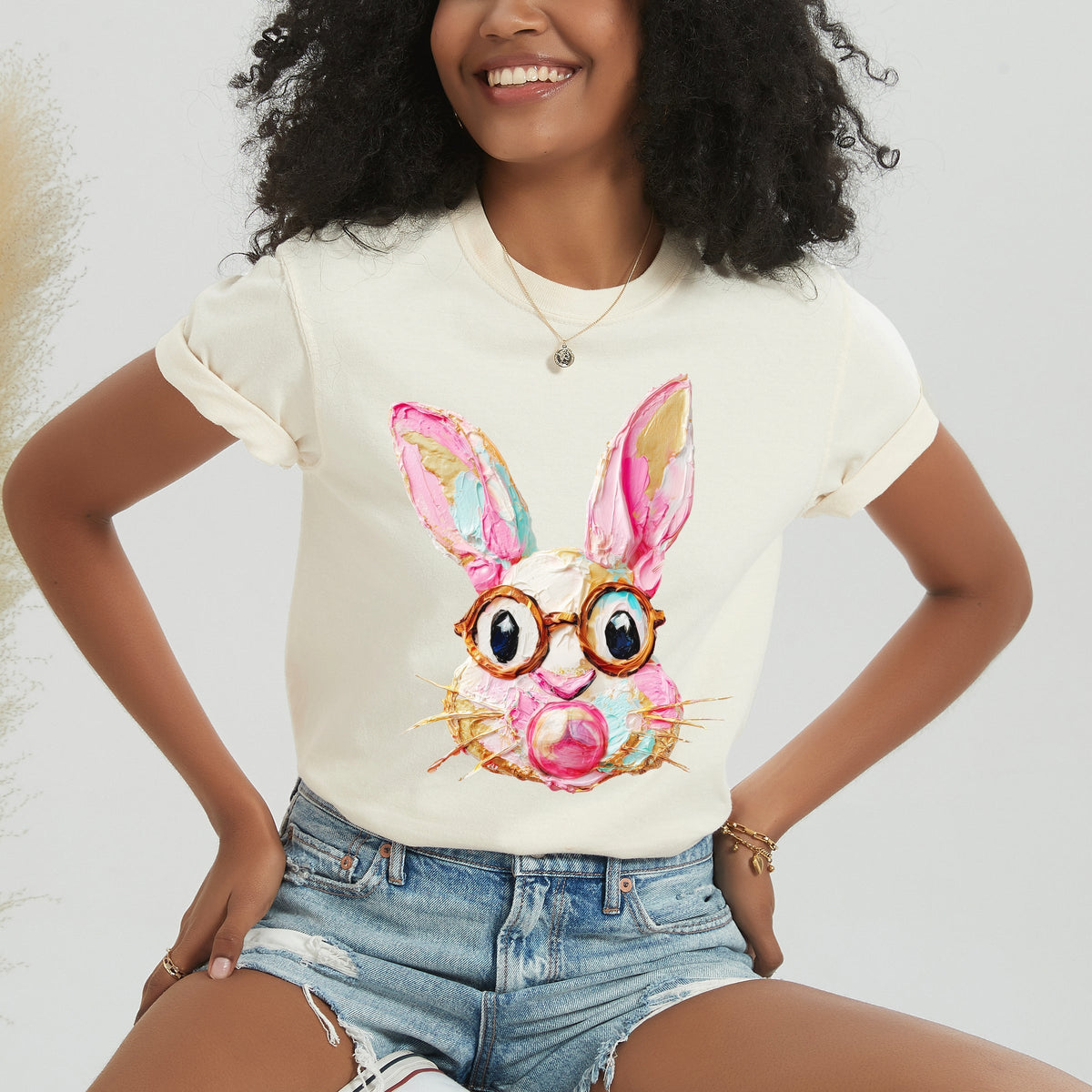 Bunny Face Textured Paint - Women's Garment Dyed Graphic T-Shirt