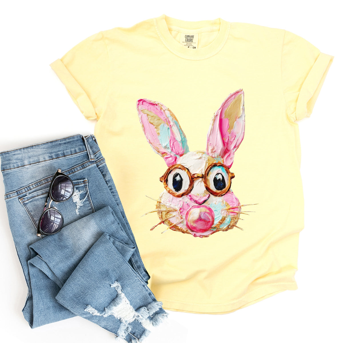 Bunny Face Textured Paint - Women's Garment Dyed Graphic T-Shirt