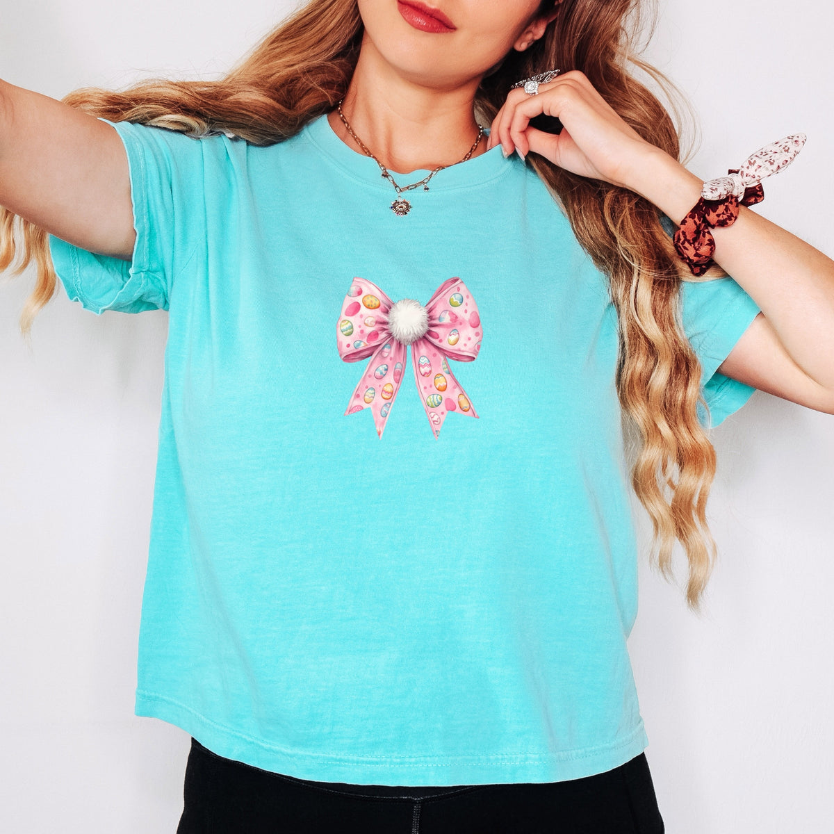 Easter Egg Bow Coquette - Women's Boxy Crop Top Graphic T-Shirt