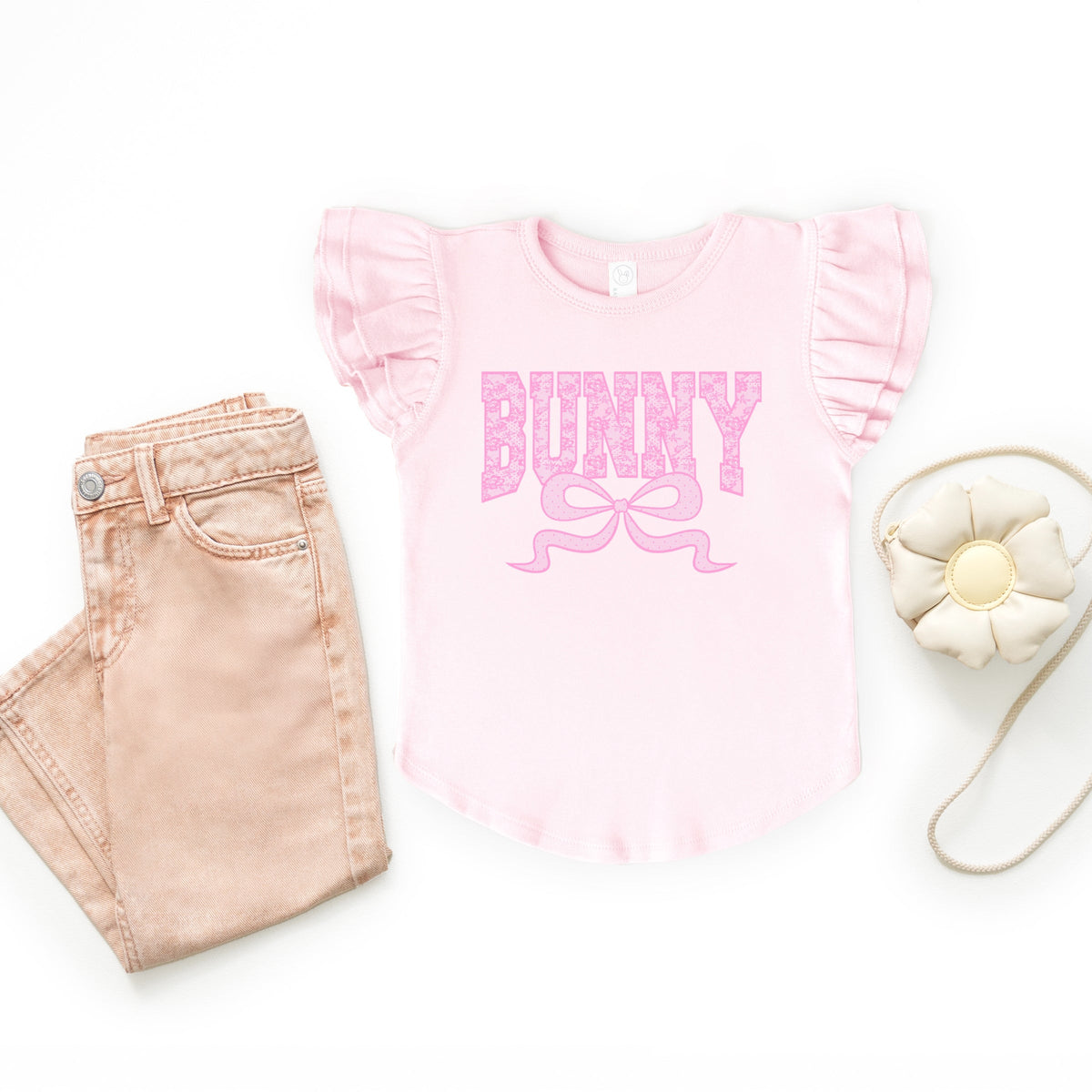 Bunny Pink Lace - Flutter Sleeve Graphic T-Shirt