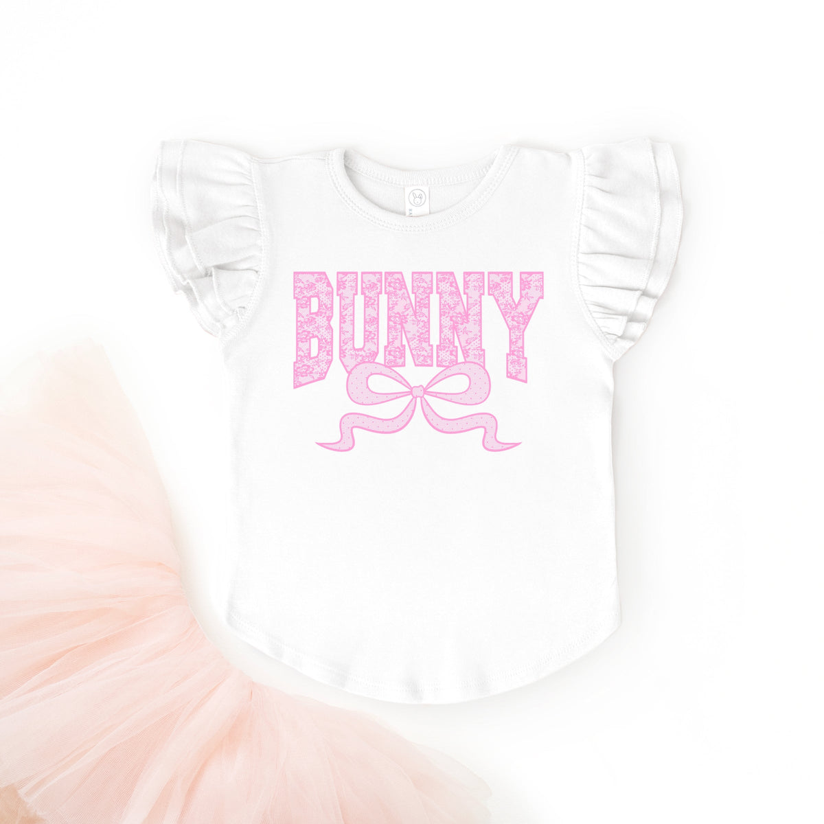 Bunny Pink Lace - Flutter Sleeve Graphic T-Shirt