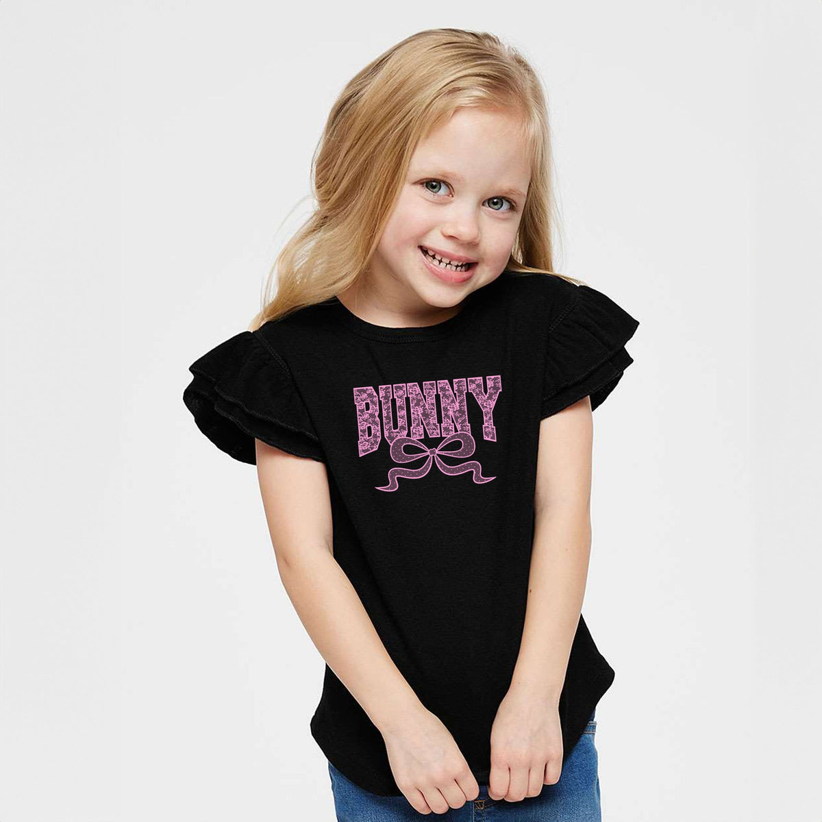 Bunny Pink Lace - Flutter Sleeve Graphic T-Shirt