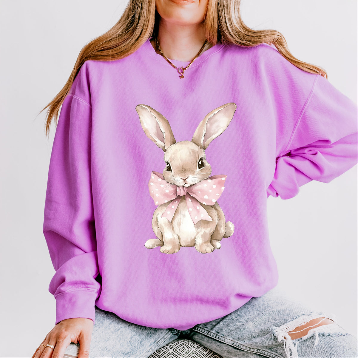 Bunny Watercolor With Bow - Women's Lightweight Garment Dyed Sweatshirt