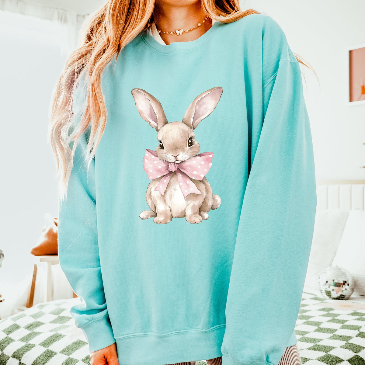 Bunny Watercolor With Bow - Women's Lightweight Garment Dyed Sweatshirt