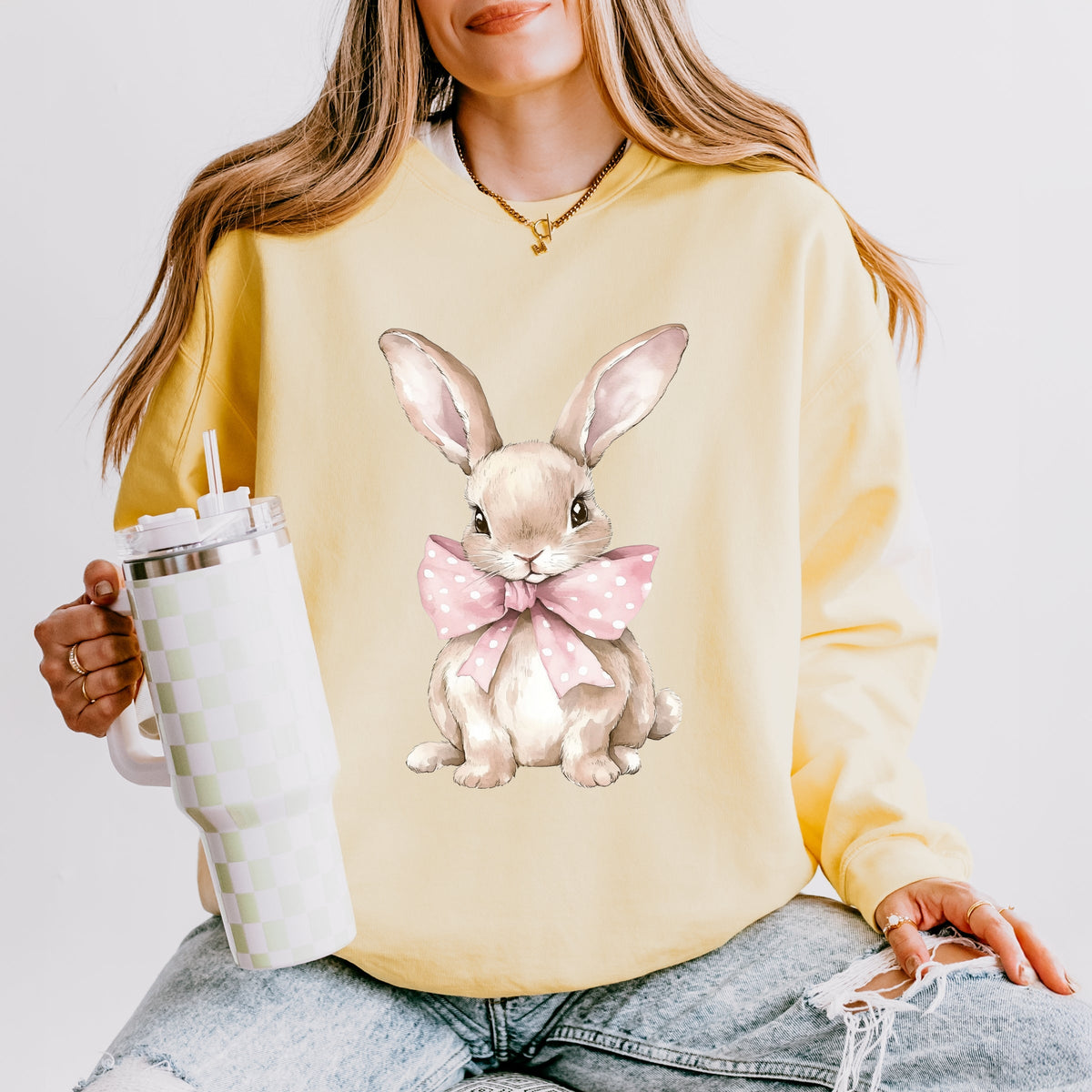 Bunny Watercolor With Bow - Women's Lightweight Garment Dyed Sweatshirt