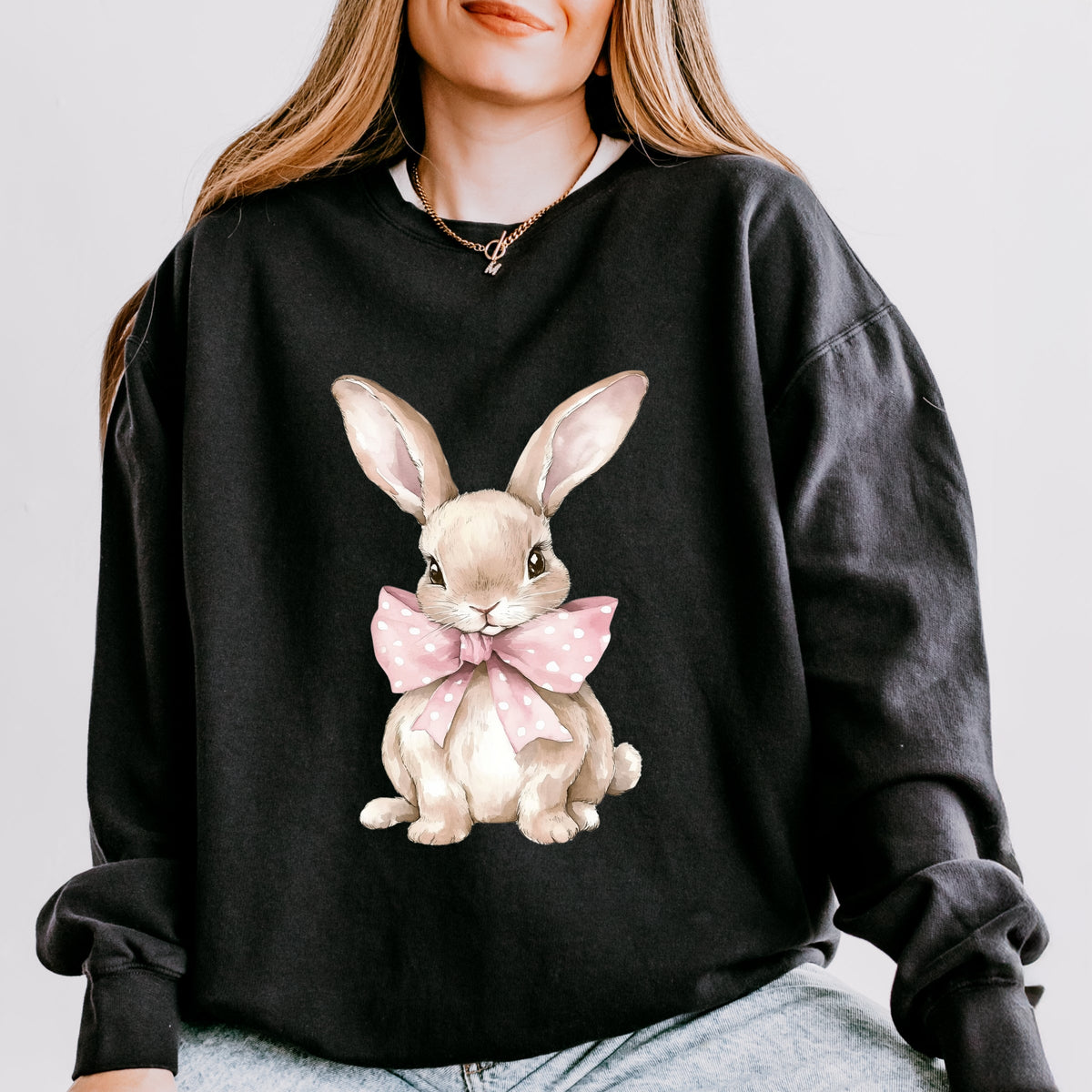 Bunny Watercolor With Bow - Women's Lightweight Garment Dyed Sweatshirt
