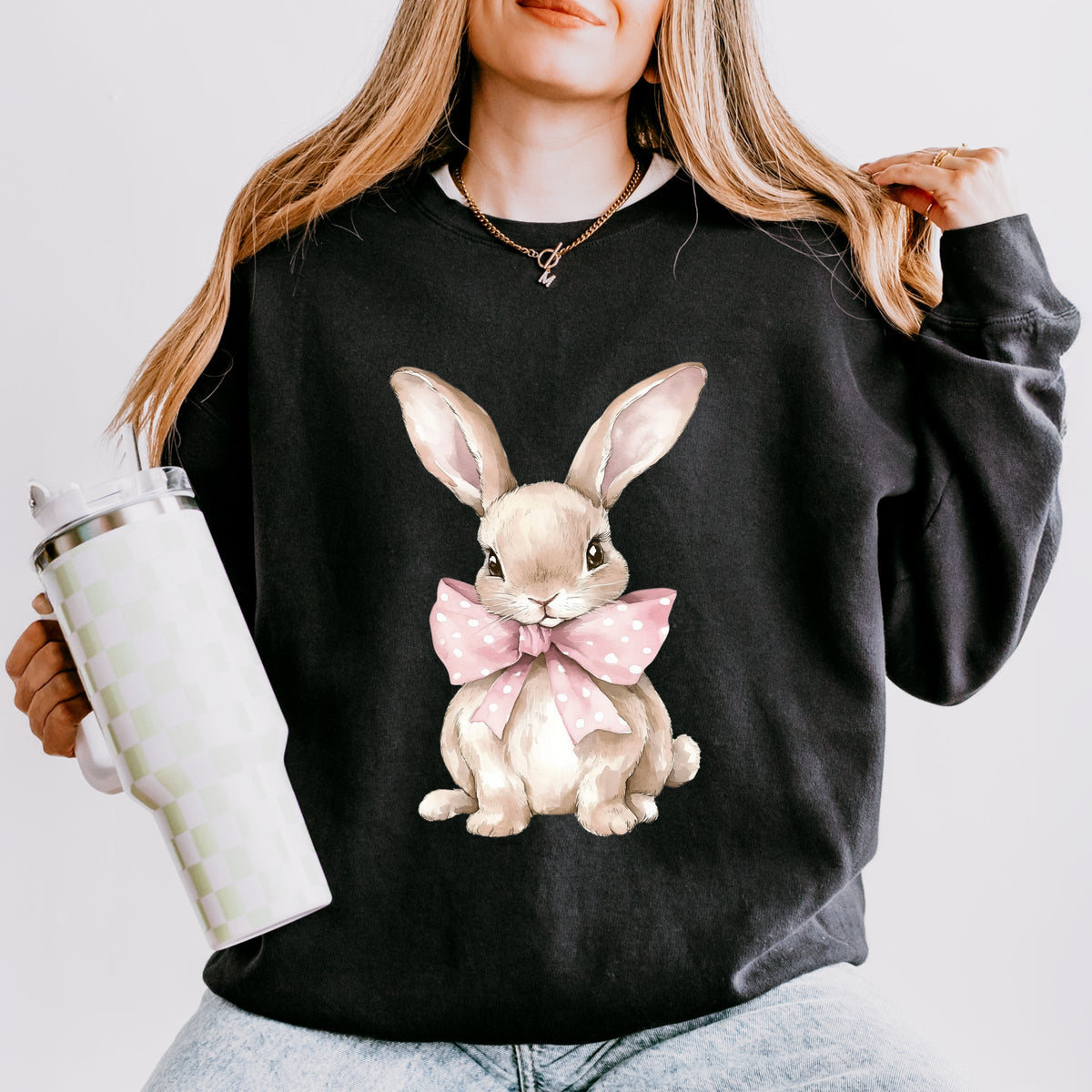 Bunny Watercolor With Bow - Women's Lightweight Garment Dyed Sweatshirt