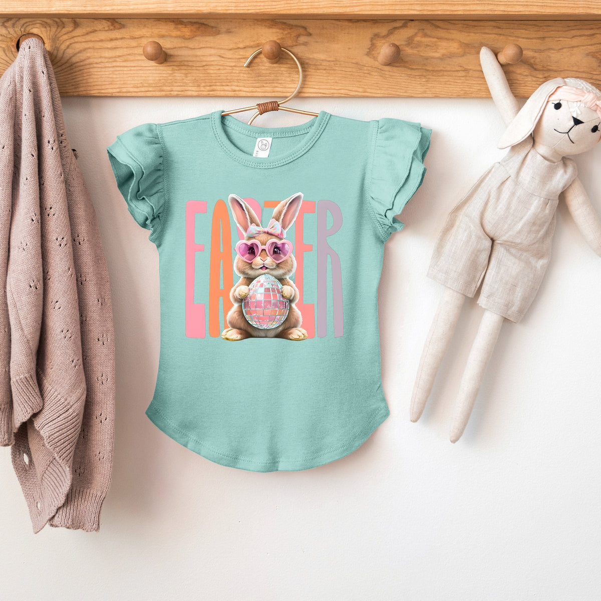 Easter Bunny Disco Ball - Flutter Sleeve Graphic T-Shirt