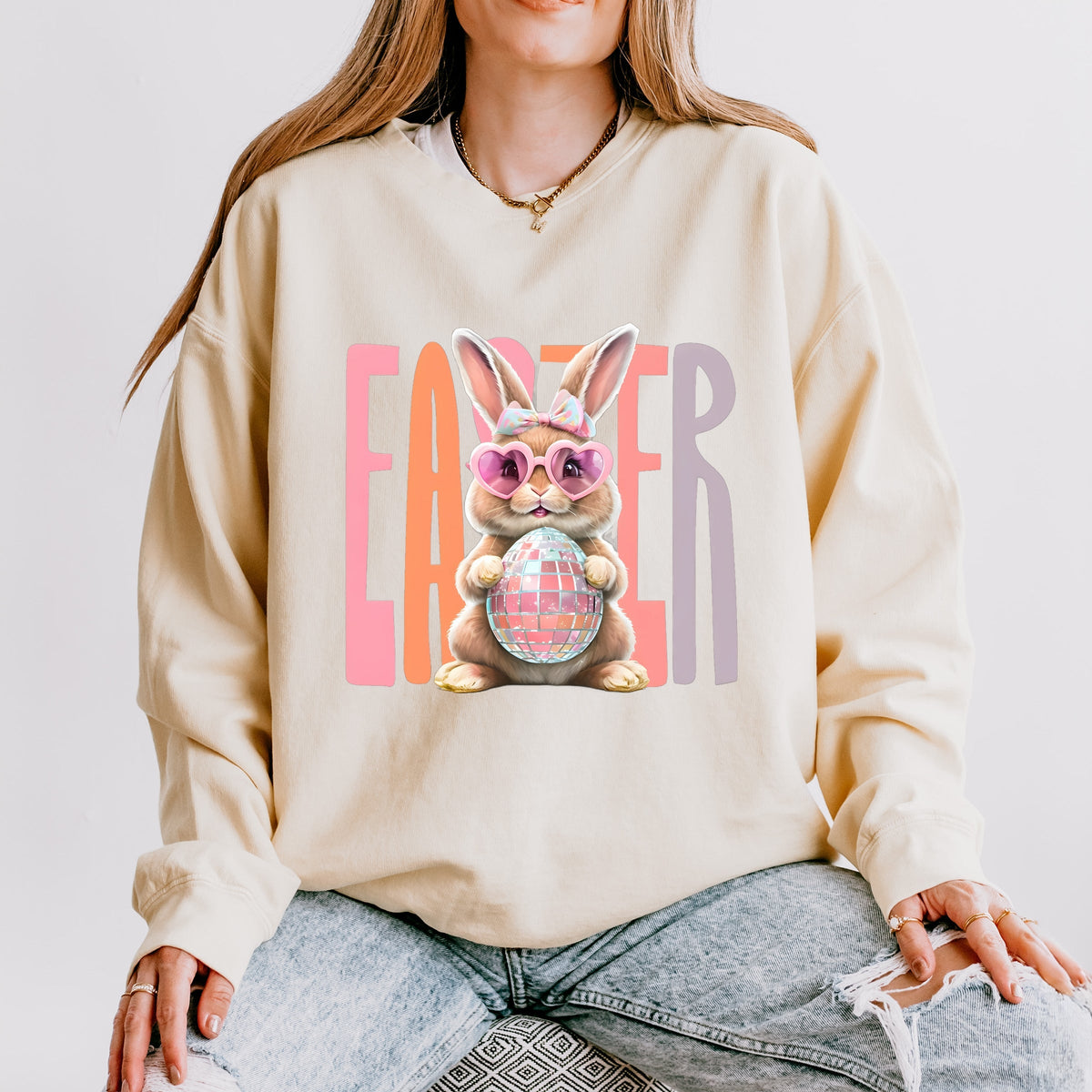Easter Bunny Disco Ball - Women's Lightweight Garment Dyed Sweatshirt