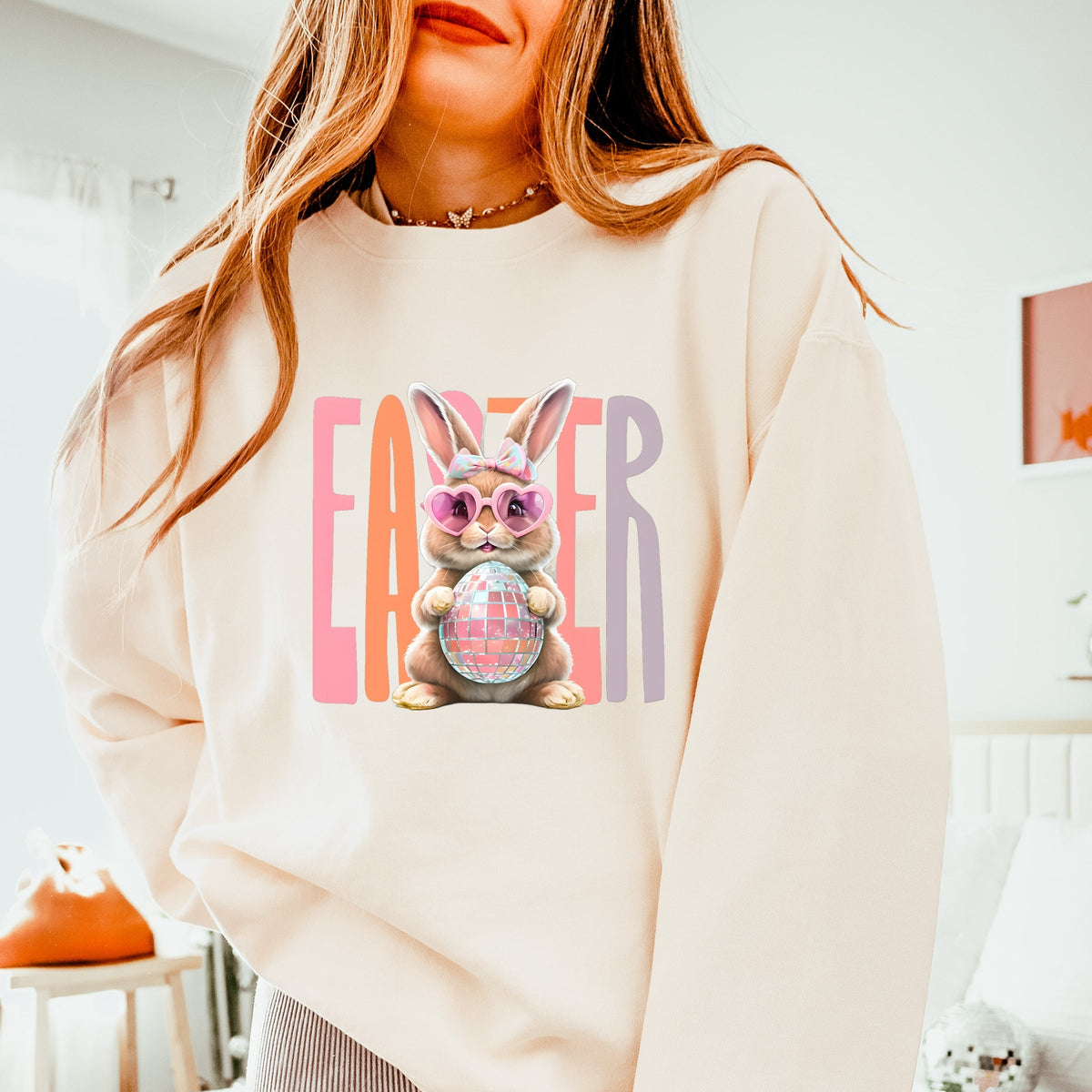 Easter Bunny Disco Ball - Women's Lightweight Garment Dyed Sweatshirt