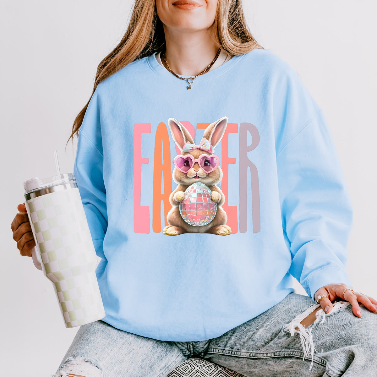 Easter Bunny Disco Ball - Women's Lightweight Garment Dyed Sweatshirt