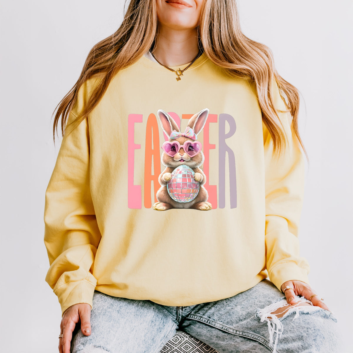 Easter Bunny Disco Ball - Women's Lightweight Garment Dyed Sweatshirt