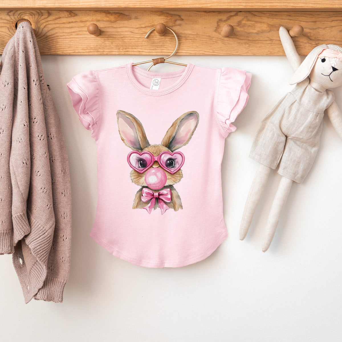 Bunny Sunglasses Bubblegum - Flutter Sleeve Graphic T-Shirt