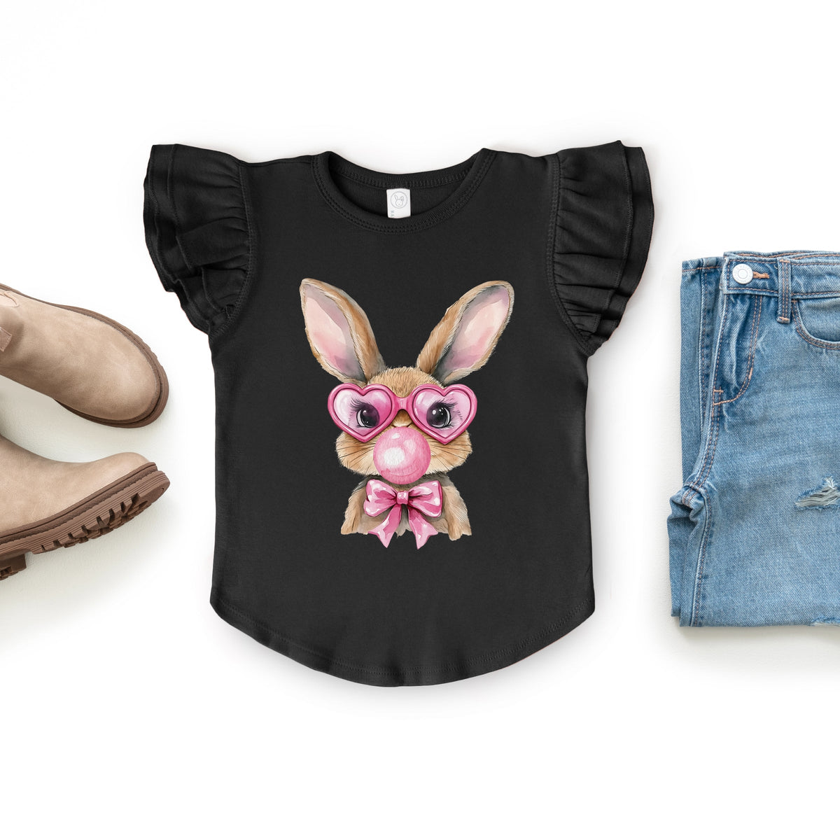 Bunny Sunglasses Bubblegum - Flutter Sleeve Graphic T-Shirt