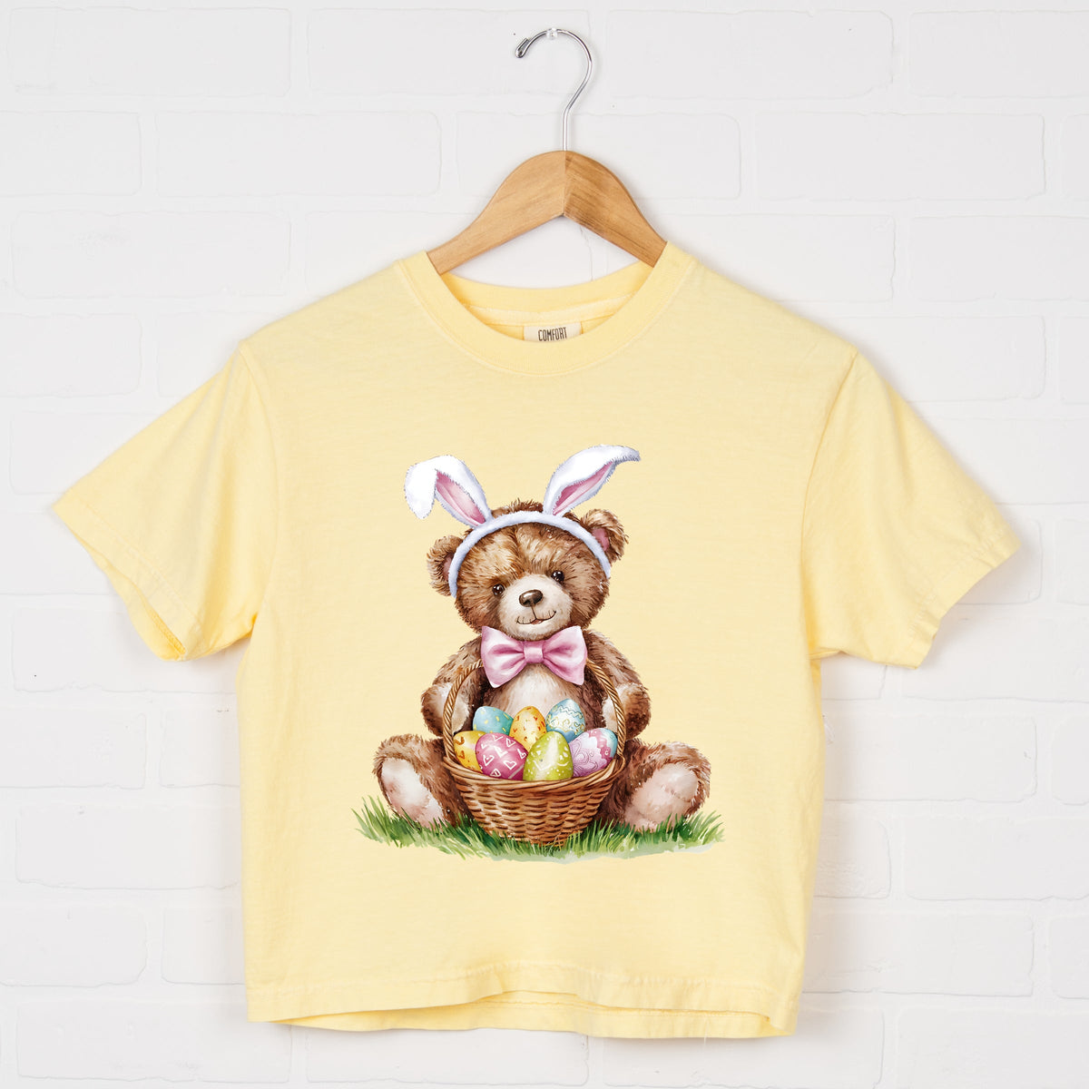 Teddy Bear Easter Basket Watercolor - Women's Boxy Crop Top Graphic T-Shirt