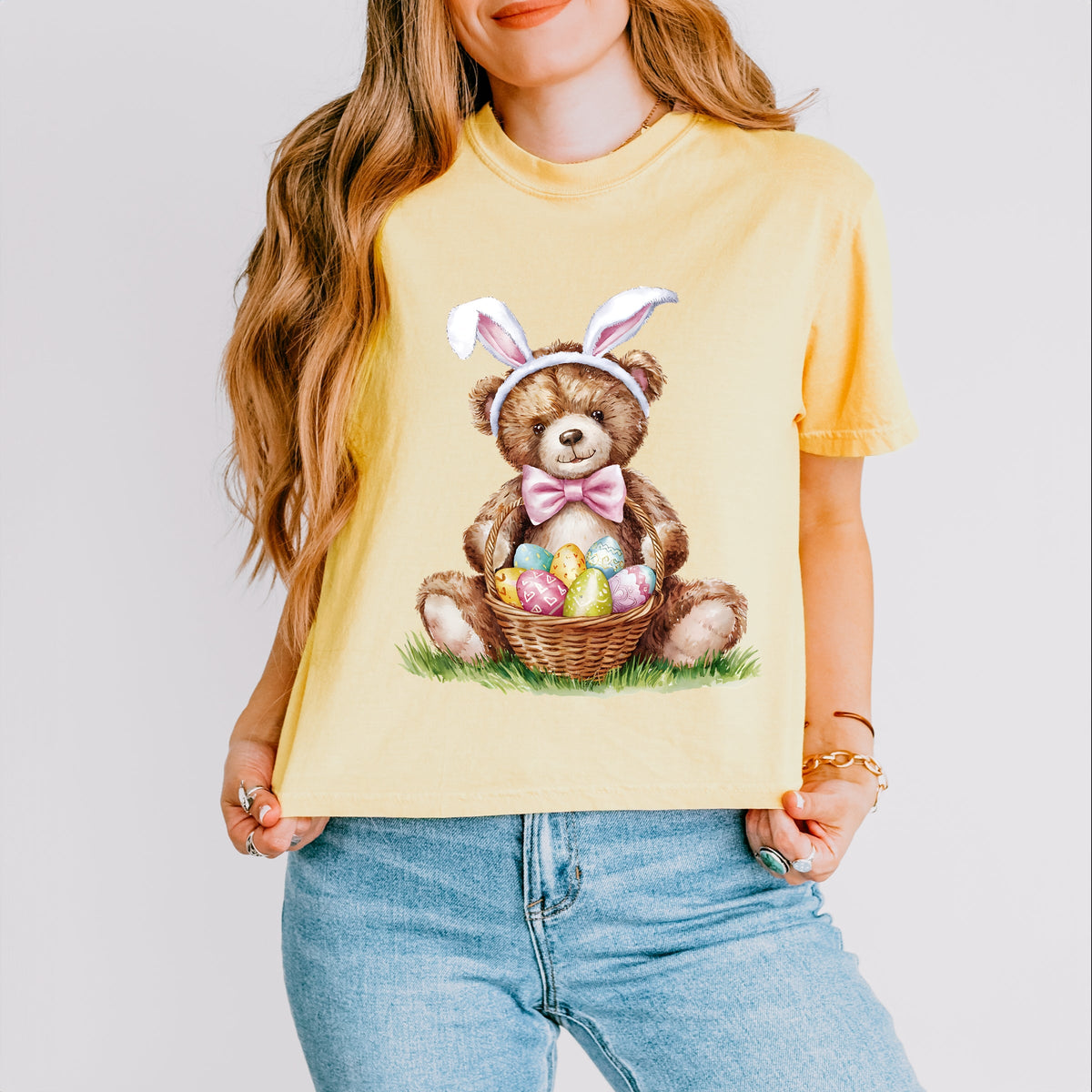 Teddy Bear Easter Basket Watercolor - Women's Boxy Crop Top Graphic T-Shirt