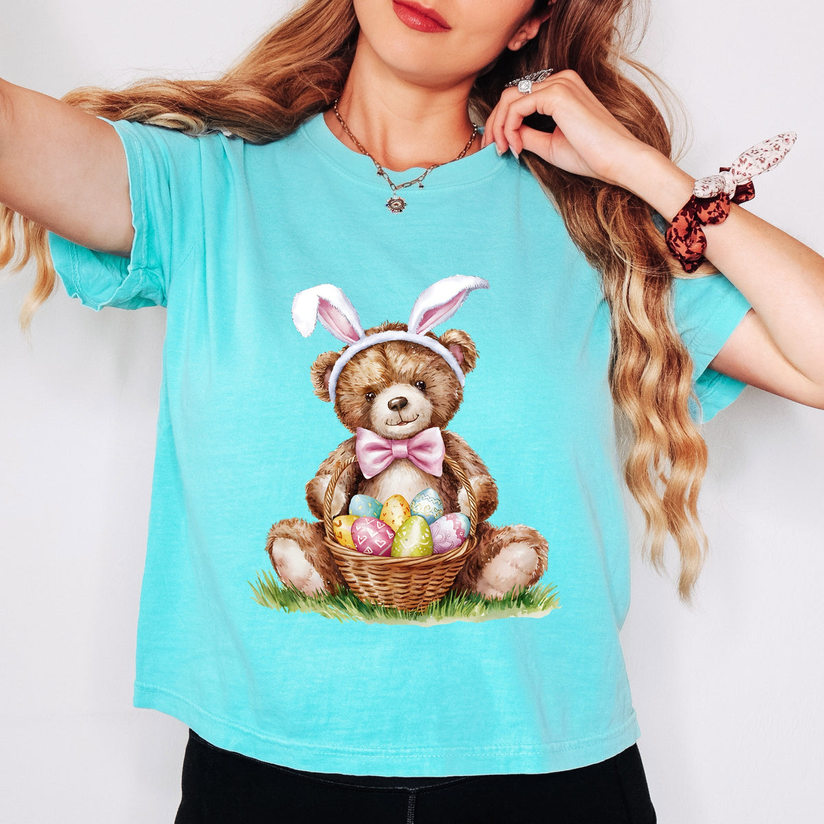 Teddy Bear Easter Basket Watercolor - Women's Boxy Crop Top Graphic T-Shirt