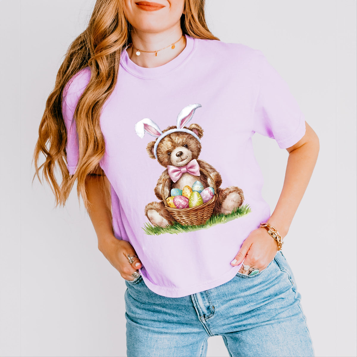 Teddy Bear Easter Basket Watercolor - Women's Boxy Crop Top Graphic T-Shirt