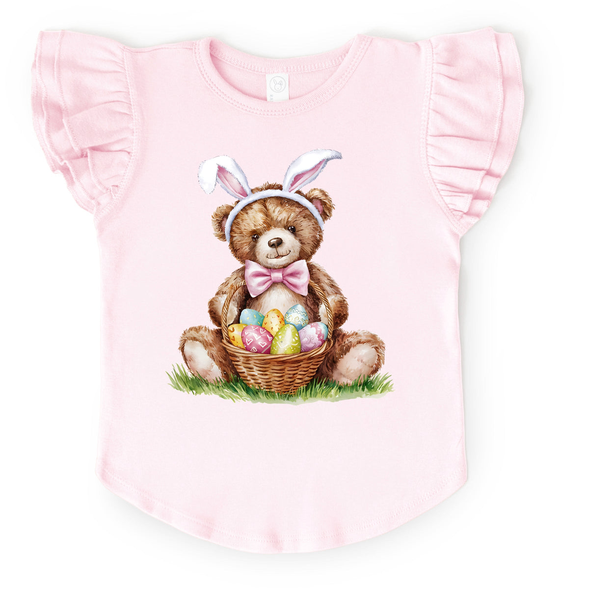 Teddy Bear Easter Basket Watercolor - Flutter Sleeve Graphic T-Shirt