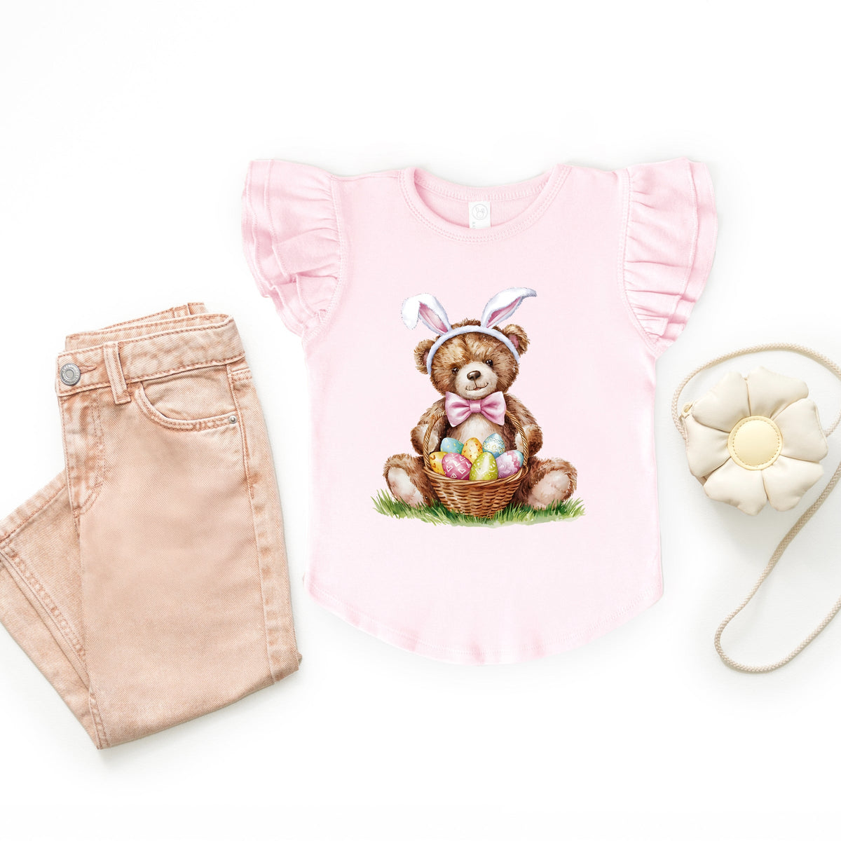 Teddy Bear Easter Basket Watercolor - Flutter Sleeve Graphic T-Shirt