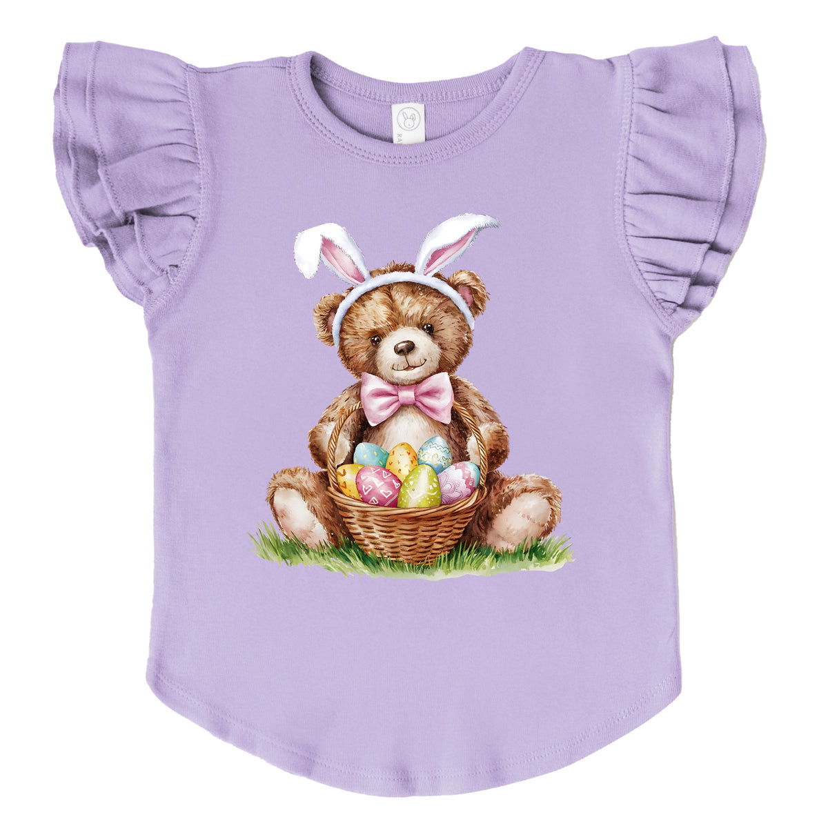 Teddy Bear Easter Basket Watercolor - Flutter Sleeve Graphic T-Shirt