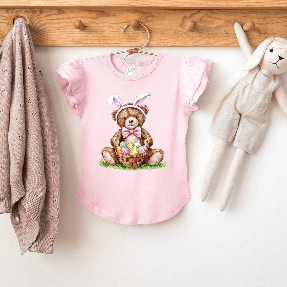 Teddy Bear Easter Basket Watercolor - Flutter Sleeve Graphic T-Shirt