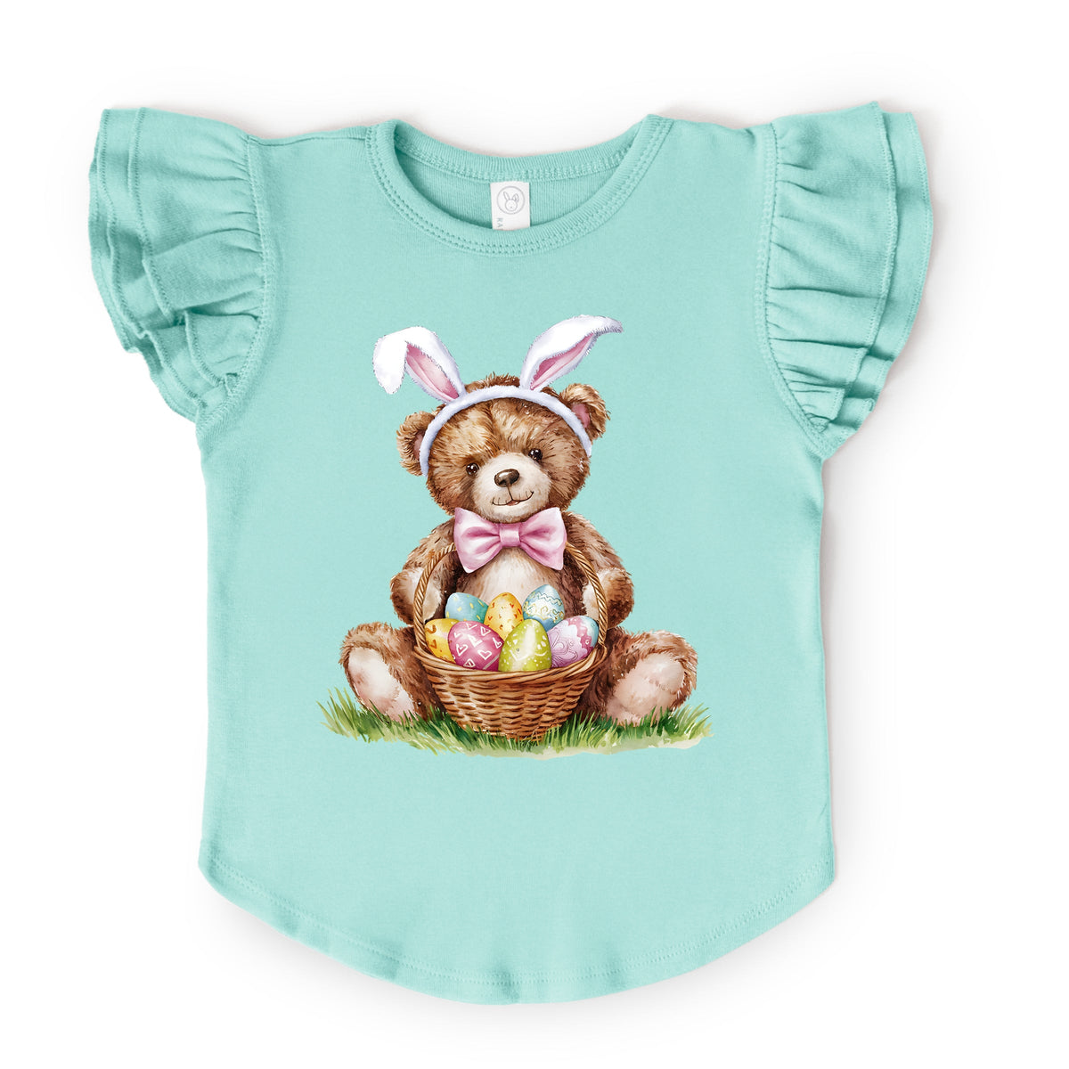 Teddy Bear Easter Basket Watercolor - Flutter Sleeve Graphic T-Shirt