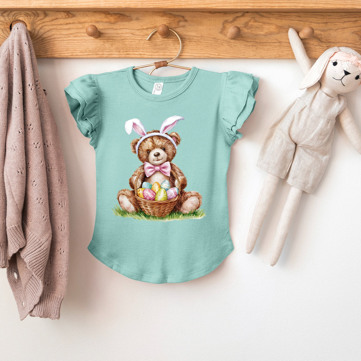 Teddy Bear Easter Basket Watercolor - Flutter Sleeve Graphic T-Shirt