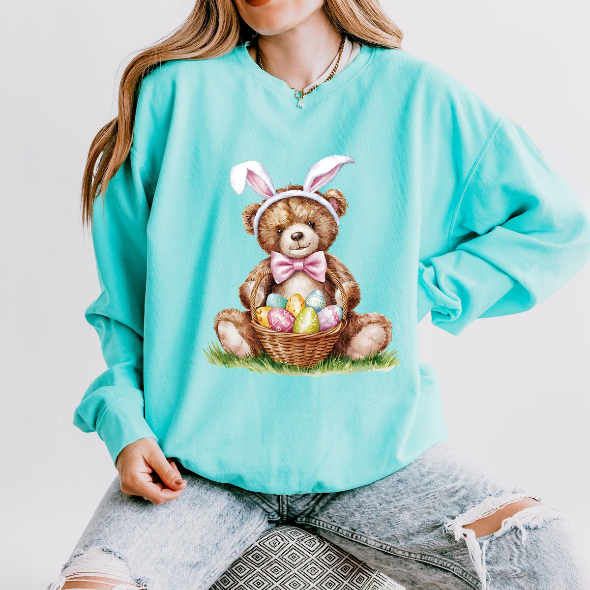 Teddy Bear Easter Basket Watercolor - Women's Lightweight Garment Dyed Sweatshirt