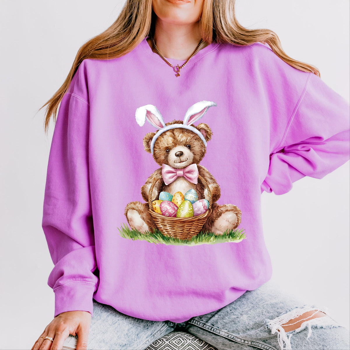 Teddy Bear Easter Basket Watercolor - Women's Lightweight Garment Dyed Sweatshirt
