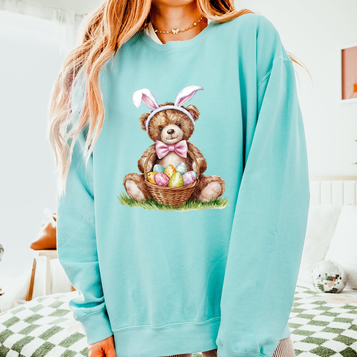 Teddy Bear Easter Basket Watercolor - Women's Lightweight Garment Dyed Sweatshirt