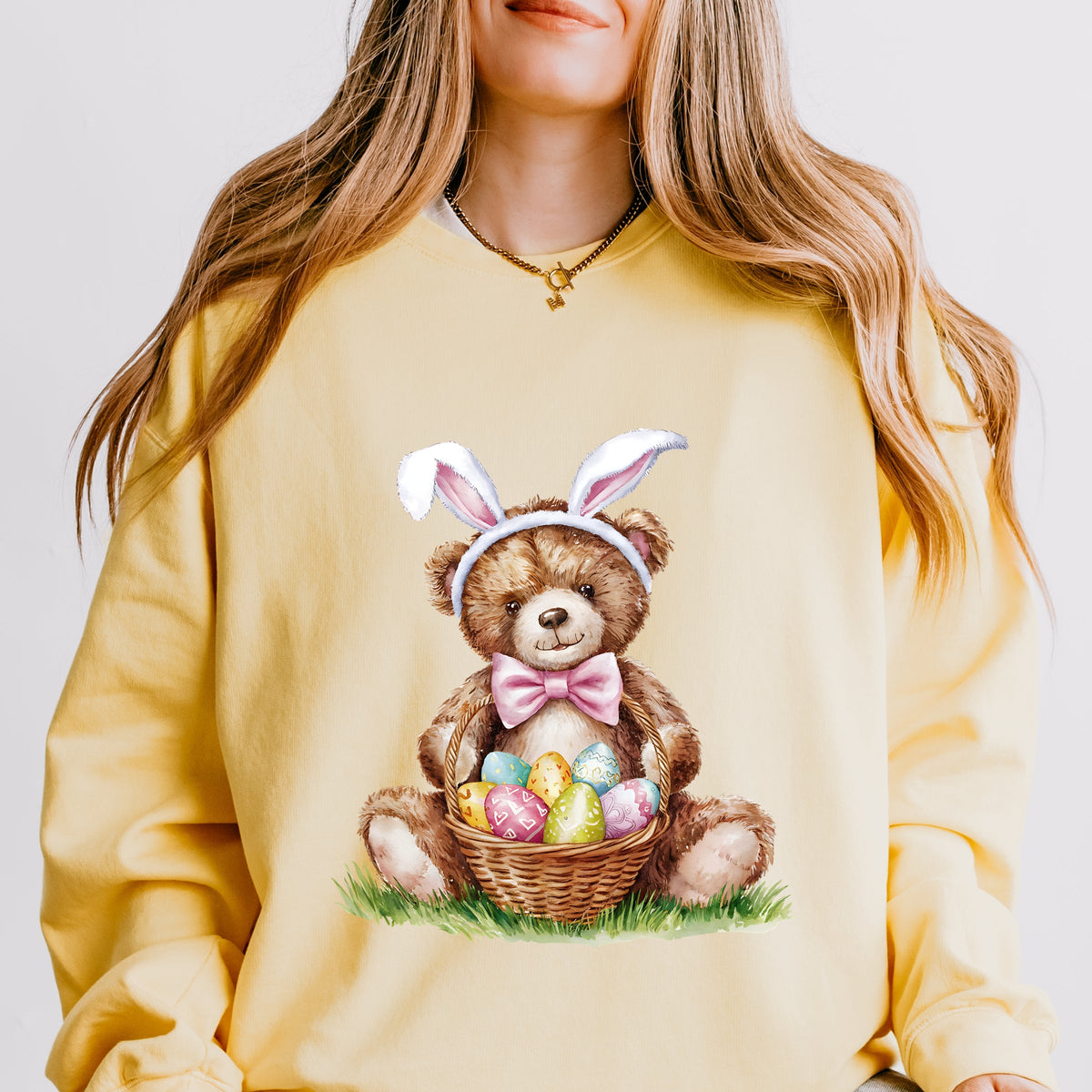Teddy Bear Easter Basket Watercolor - Women's Lightweight Garment Dyed Sweatshirt