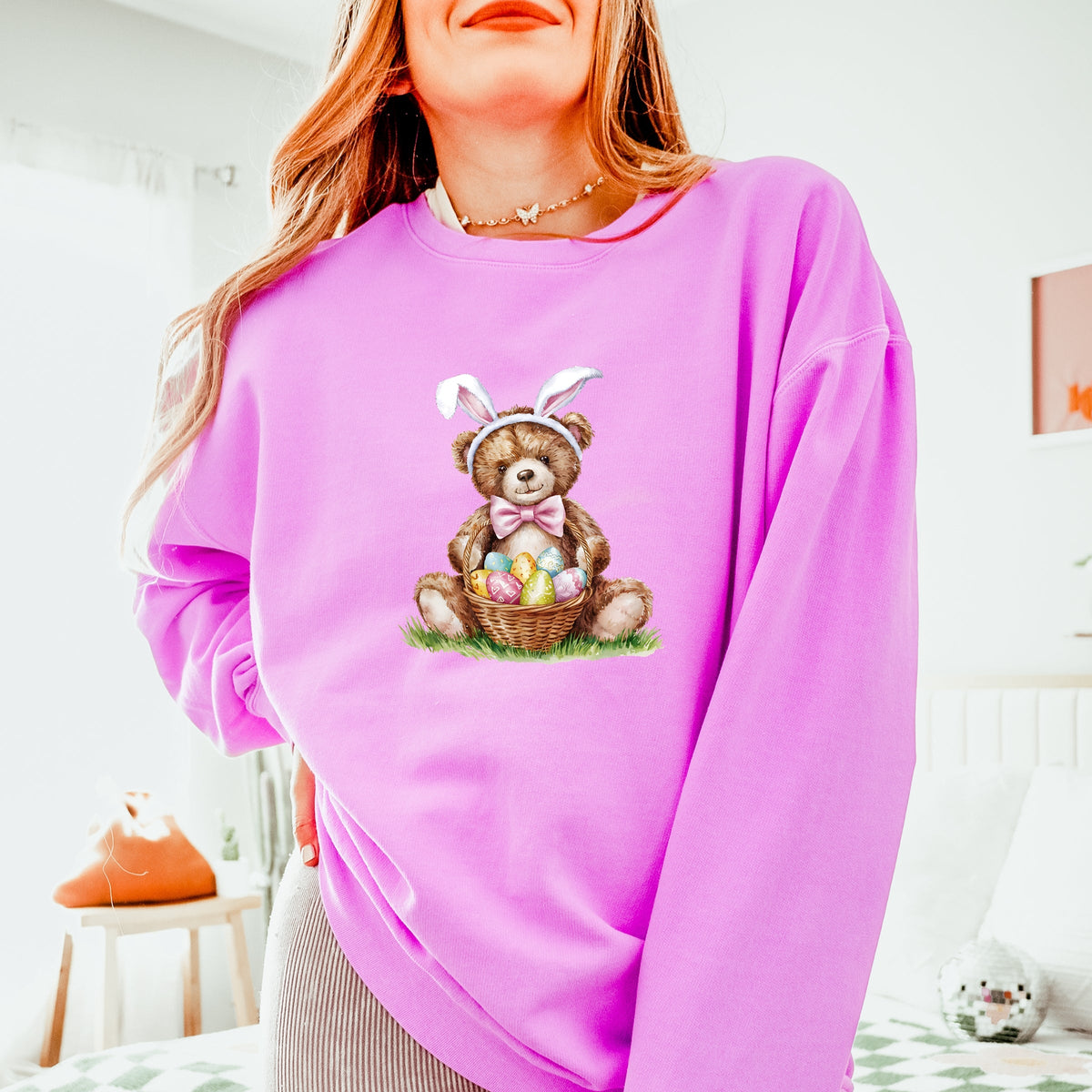 Teddy Bear Easter Basket Watercolor - Women's Lightweight Garment Dyed Sweatshirt