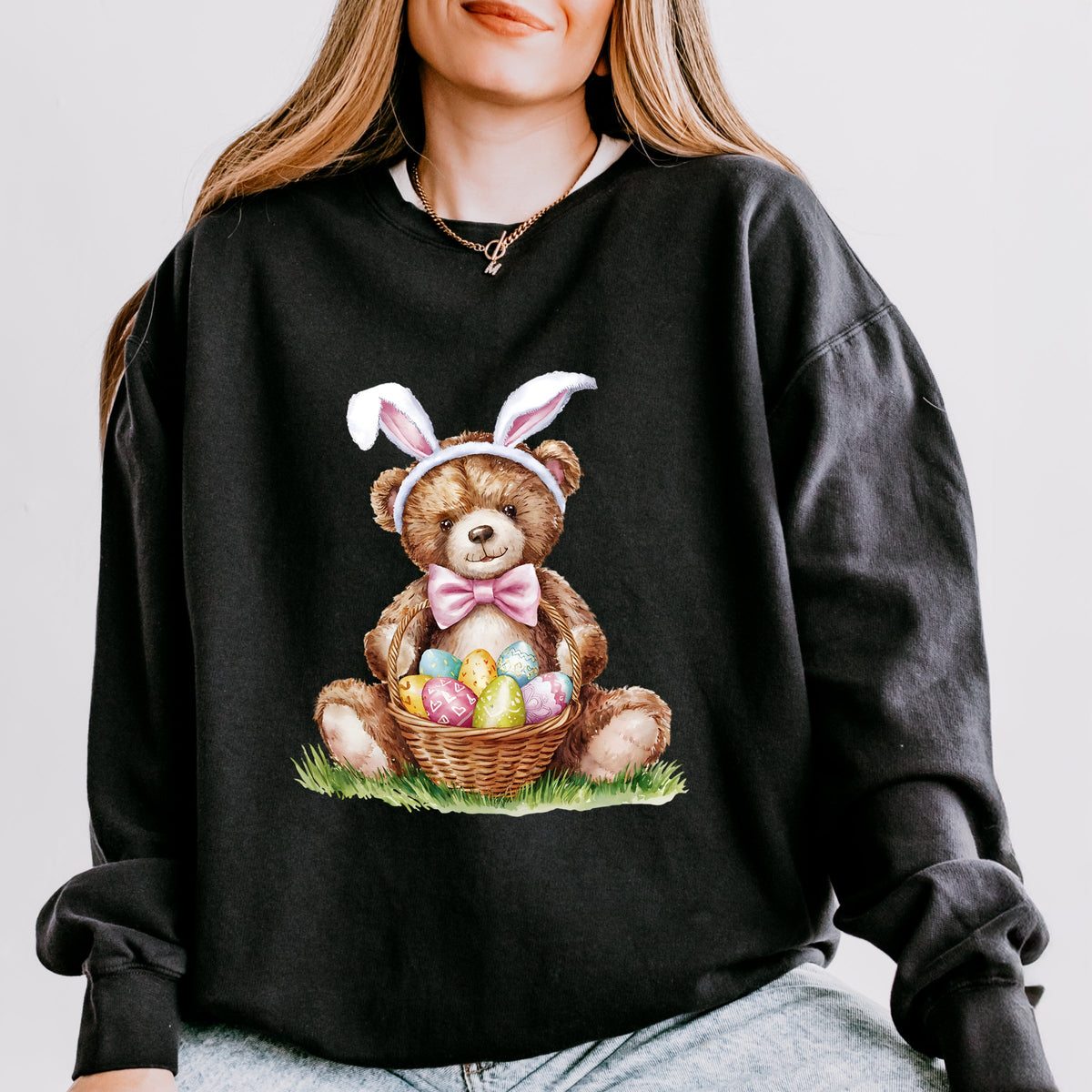 Teddy Bear Easter Basket Watercolor - Women's Lightweight Garment Dyed Sweatshirt