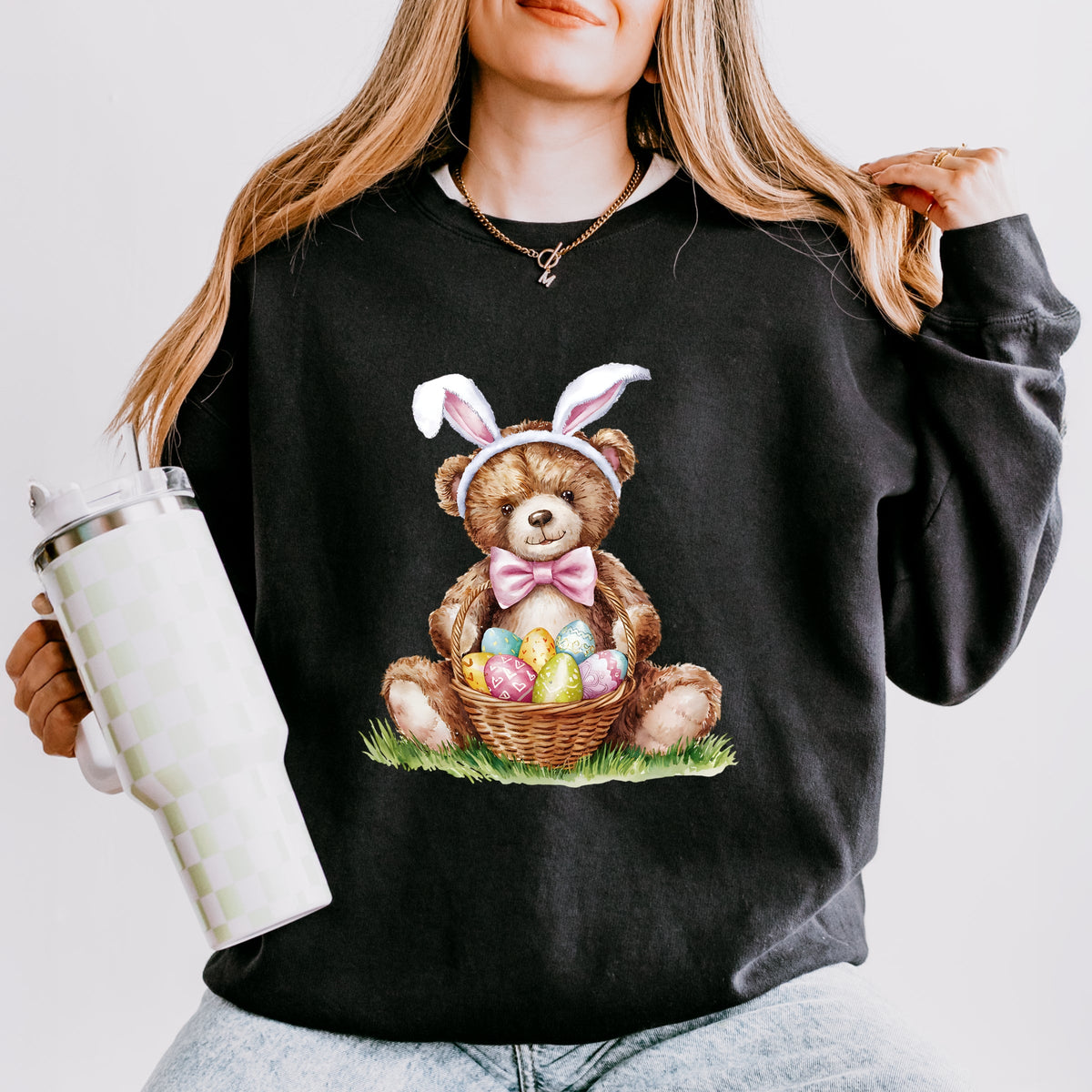 Teddy Bear Easter Basket Watercolor - Women's Lightweight Garment Dyed Sweatshirt