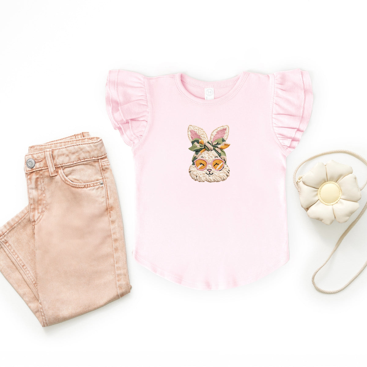 Bunny Face Yarn Print - Flutter Sleeve Graphic T-Shirt