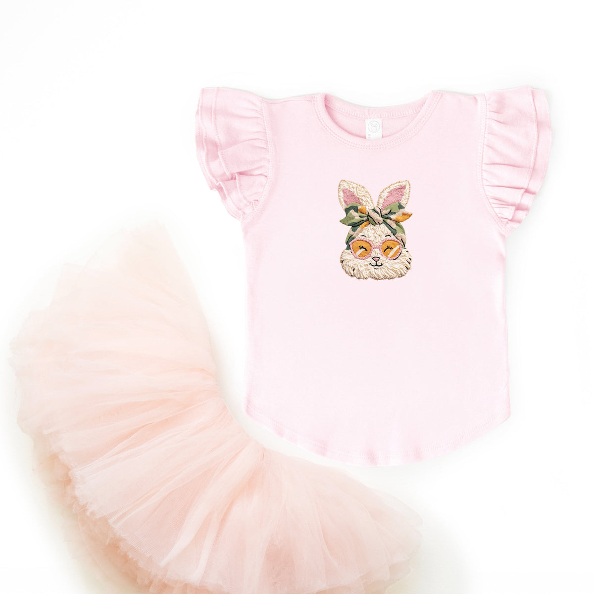 Bunny Face Yarn Print - Flutter Sleeve Graphic T-Shirt