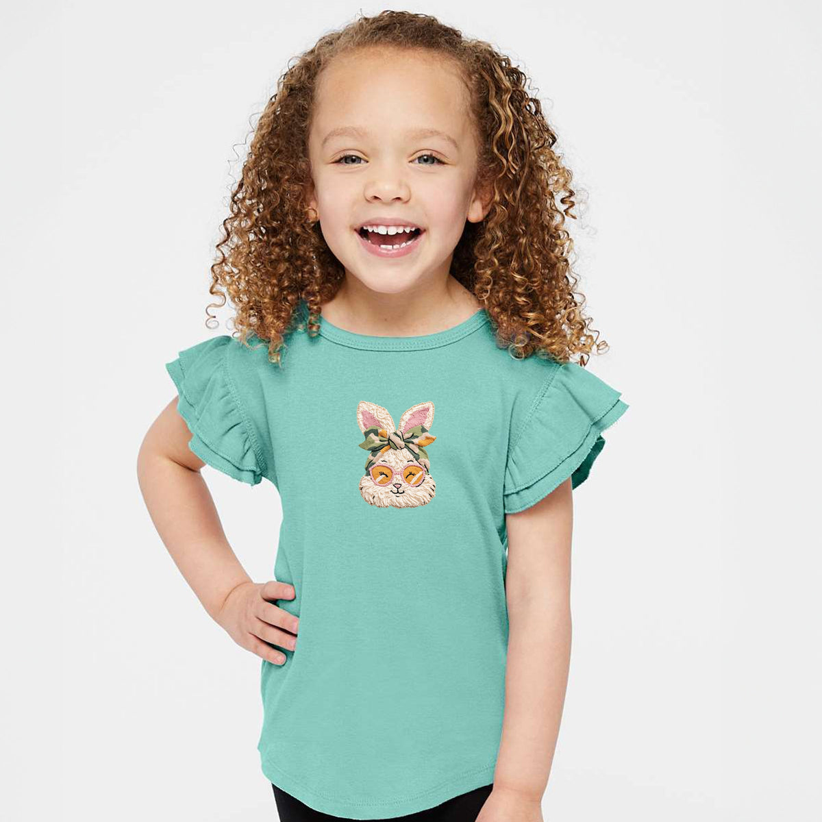 Bunny Face Yarn Print - Flutter Sleeve Graphic T-Shirt