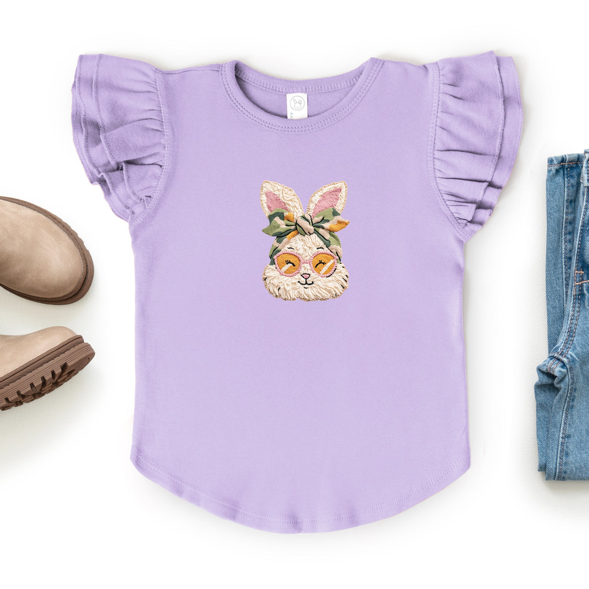 Bunny Face Yarn Print - Flutter Sleeve Graphic T-Shirt